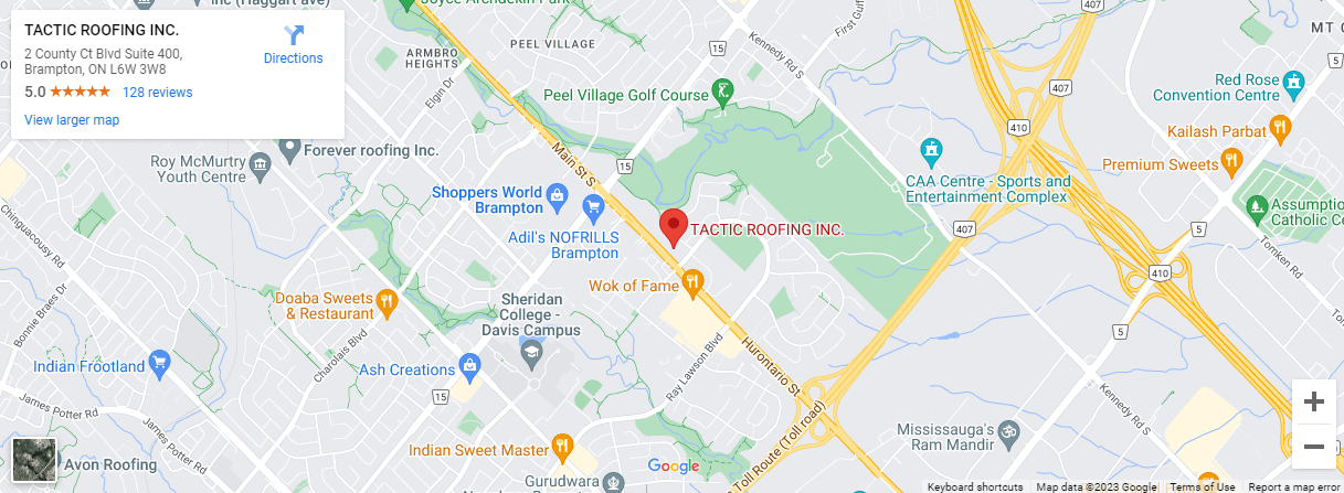 Tactic Roofing location on Google Map — 2 County Ct Blvd Suite 400, Brampton, ON